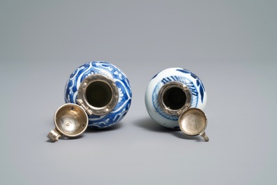 Nine Chinese blue and white silver-mounted vases, Kangxi