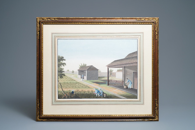 Chinese school, Canton, watercolour on paper, 19th C.: Four tea production scenes