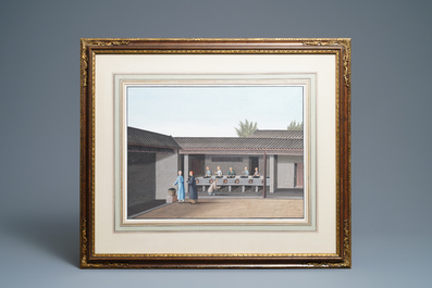 Chinese school, Canton, watercolour on paper, 19th C.: Four tea production scenes