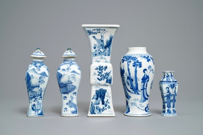 Five Chinese blue and white vases, Kangxi
