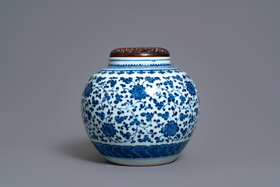 A Chinese blue and white globular jar with floral scrolls, Qianlong