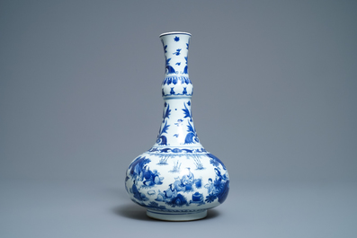 A Chinese blue and white bottle vase with figures in a landscape, Transitional period