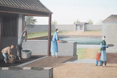 Chinese school, Canton, watercolour on paper, 19th C.: Four tea production scenes
