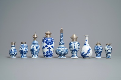 Nine Chinese blue and white silver-mounted vases, Kangxi