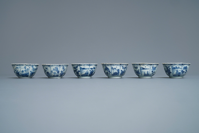 Six Chinese blue and white 'deer' cups and saucers, Ca Mau wreck, Yongzheng