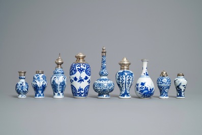 Nine Chinese blue and white silver-mounted vases, Kangxi