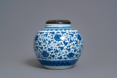A Chinese blue and white globular jar with floral scrolls, Qianlong