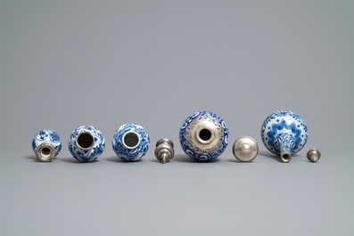 Nine Chinese blue and white silver-mounted vases, Kangxi