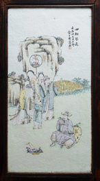 A Chinese wooden closet with 23 qianjiang cai plaques, 19/20th C.