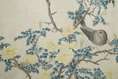 Chinese school, 19th C., ink and colour on silk: 'birds on blossoming branches'
