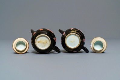 A pair of Chinese famille rose black-ground teapots and covers, Yongzheng/Qianlong
