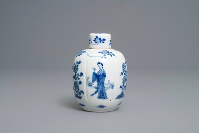 A Chinese blue and white 'Long Eliza' tea caddy and cover, Kangxi