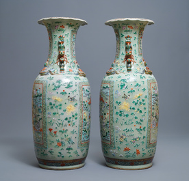 A pair of large Chinese famille verte celadon-ground vases with figural design, 19th C.
