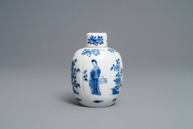 A Chinese blue and white 'Long Eliza' tea caddy and cover, Kangxi