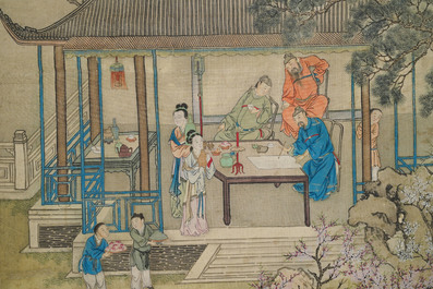 Chinese school, 18/19th C., ink and colour on silk: 'landscape with figures near a pagoda'