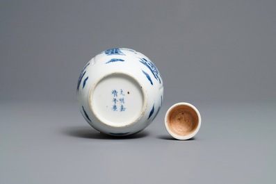 A Chinese blue and white 'Long Eliza' tea caddy and cover, Kangxi