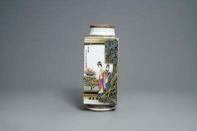 A Chinese famille rose cong vase, signed Zhang Songmao, dated 2002