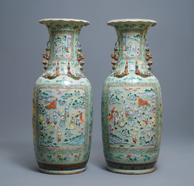 A pair of large Chinese famille verte celadon-ground vases with figural design, 19th C.