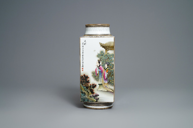 A Chinese famille rose cong vase, signed Zhang Songmao, dated 2002
