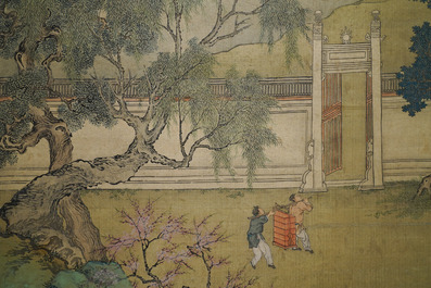 Chinese school, 18/19th C., ink and colour on silk: 'landscape with figures near a pagoda'