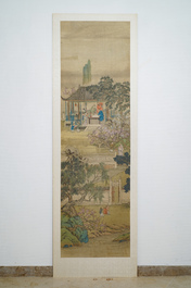 Chinese school, 18/19th C., ink and colour on silk: 'landscape with figures near a pagoda'