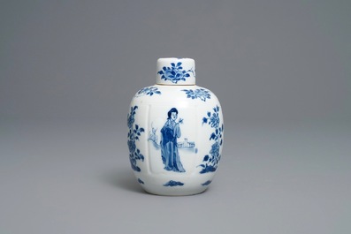 A Chinese blue and white 'Long Eliza' tea caddy and cover, Kangxi