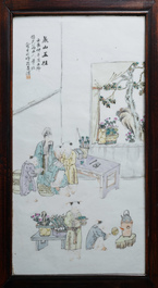 A Chinese wooden closet with 23 qianjiang cai plaques, 19/20th C.