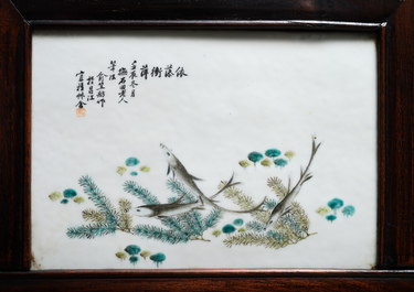 A Chinese wooden closet with 23 qianjiang cai plaques, 19/20th C.