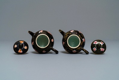 A pair of Chinese famille rose black-ground teapots and covers, Yongzheng/Qianlong