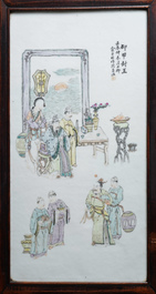 A Chinese wooden closet with 23 qianjiang cai plaques, 19/20th C.
