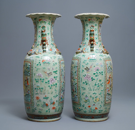 A pair of large Chinese famille verte celadon-ground vases with figural design, 19th C.