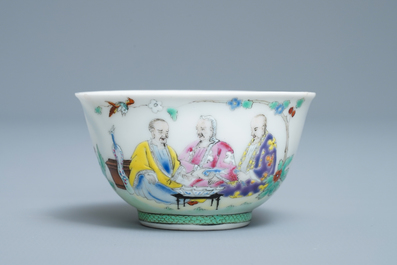 A Chinese famille rose cup and saucer after Cornelis Pronk: 'Doctor's visit', Qianlong
