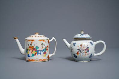 Five Chinese famille rose cups and saucers and two 'Mandarin' teapots, Yongzheng/Qianlong