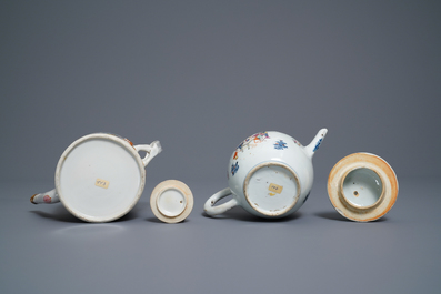 Five Chinese famille rose cups and saucers and two 'Mandarin' teapots, Yongzheng/Qianlong