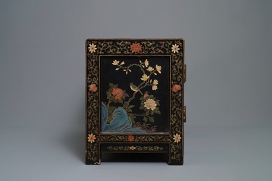 Two Chinese famille rose landscape plaques in a lacquered chest, marked Wang Yeting, 19/20th C.