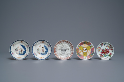 Five Chinese famille rose cups and saucers and two 'Mandarin' teapots, Yongzheng/Qianlong