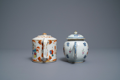 Five Chinese famille rose cups and saucers and two 'Mandarin' teapots, Yongzheng/Qianlong