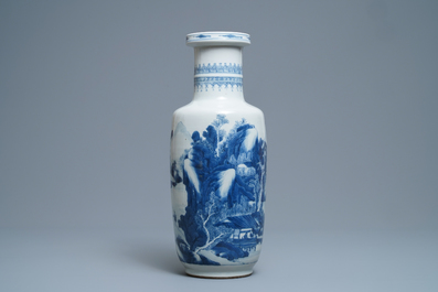 A Chinese blue and white rouleau vase with figures in a landscape, Kangxi