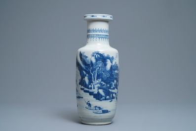 A Chinese blue and white rouleau vase with figures in a landscape, Kangxi