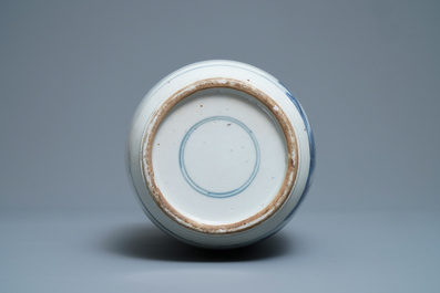 A Chinese blue and white rouleau vase with figures in a landscape, Kangxi