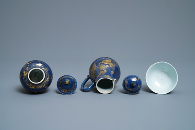 A Chinese gilt-decorated powder blue cream jug, a tea caddy and a tea bowl with roosters, Yongzheng