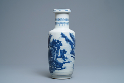 A Chinese blue and white rouleau vase with figures in a landscape, Kangxi