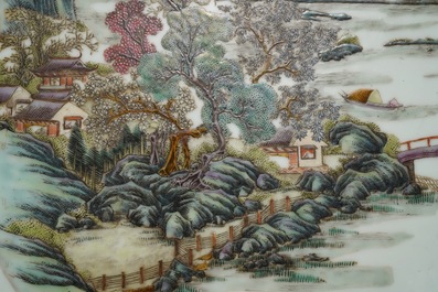 Two Chinese famille rose landscape plaques in a lacquered chest, marked Wang Yeting, 19/20th C.