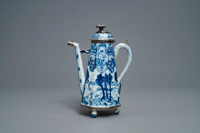 A Chinese blue and white 'Europa and the bull' silver-mounted coffee pot, Kangxi