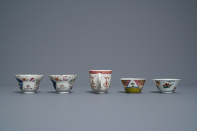 Five Chinese famille rose cups and saucers and two 'Mandarin' teapots, Yongzheng/Qianlong
