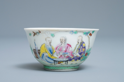 A Chinese famille rose cup and saucer after Cornelis Pronk: 'Doctor's visit', Qianlong