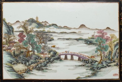 Two Chinese famille rose landscape plaques in a lacquered chest, marked Wang Yeting, 19/20th C.