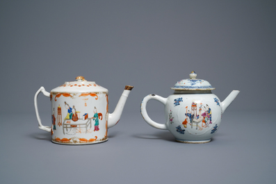 Five Chinese famille rose cups and saucers and two 'Mandarin' teapots, Yongzheng/Qianlong
