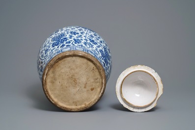 A pair of Chinese blue and white vases with faience replacement covers, Kangxi