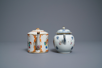Five Chinese famille rose cups and saucers and two 'Mandarin' teapots, Yongzheng/Qianlong